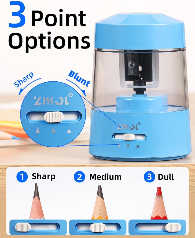 Zmol Electric Pencil Sharpener Battery Operated Power Kids for Colored & Jumbo Pencils No.2/(6-12mm) - Safe & Easy Use Plug in Portable with (AC Adapter,USB, Battery) for Classroom/Office/Home Blue - Image 3